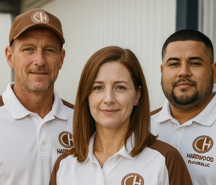 Team of flooring professionals from CH Hardwood Floors LLC, wearing branded uniforms, showcasing expertise in flooring solutions.
